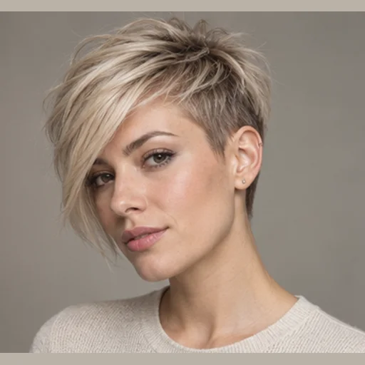 Long swept fringe across a short asymmetric pixie