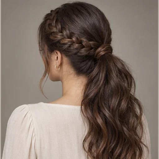Side braid joined into a low wavy ponytail