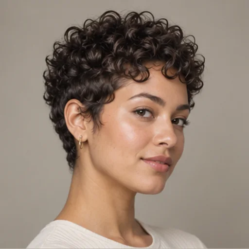 Ear-length curly pixie with a short nape