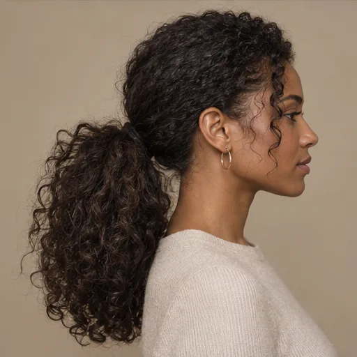 Low curly ponytail seen from the side