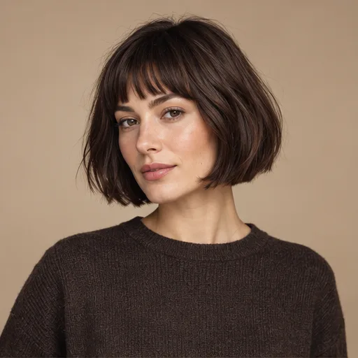 Chin-length brunette bob with a full fringe