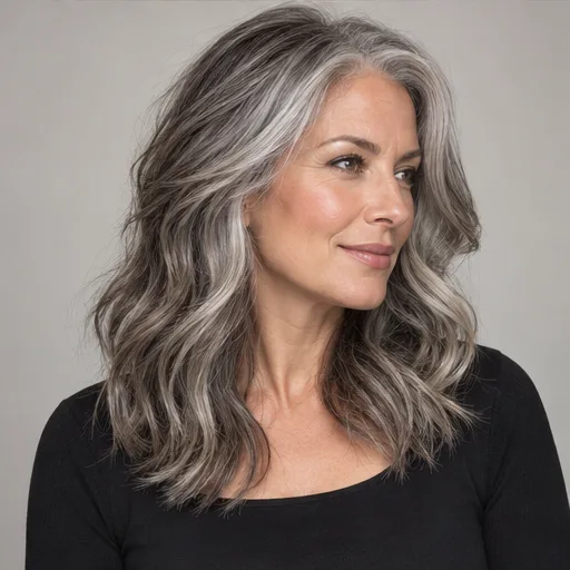 Gray and brunette tones blended through shoulder-length hair