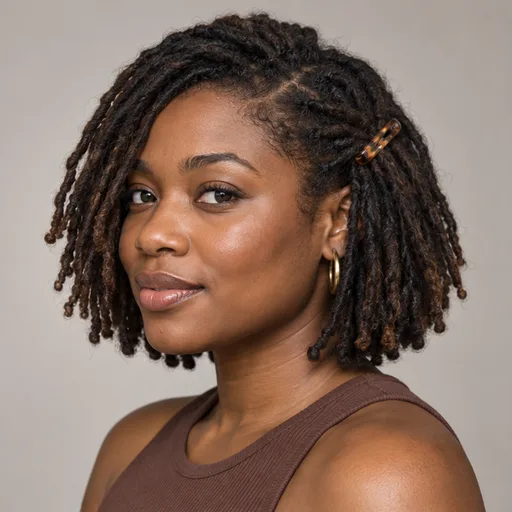 Short established locs with a side part and clip