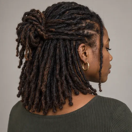 Medium established locs arranged half-up
