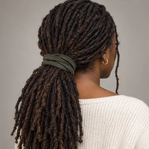 Long established locs loosely gathered at the nape