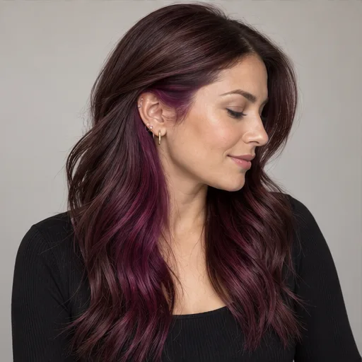 Plum-colored panel within darker hair