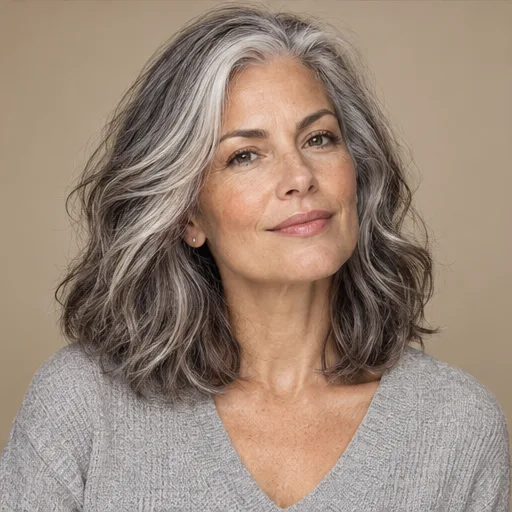 Salt-and-pepper shoulder-length waves