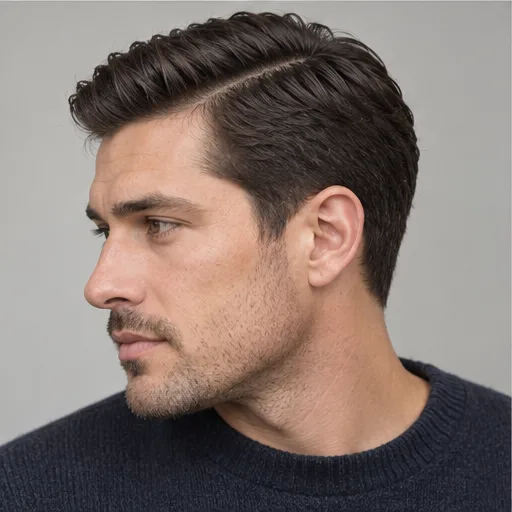 Scissor taper with a side part and fuller sides