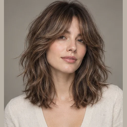 Shoulder-length wavy shag with a curtain fringe